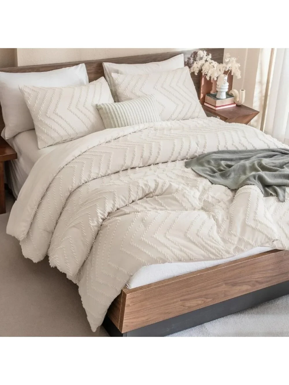 Boho King Size Comforter Set - 3 Piece Soft Cream Bedding, Cozy Beige Decor